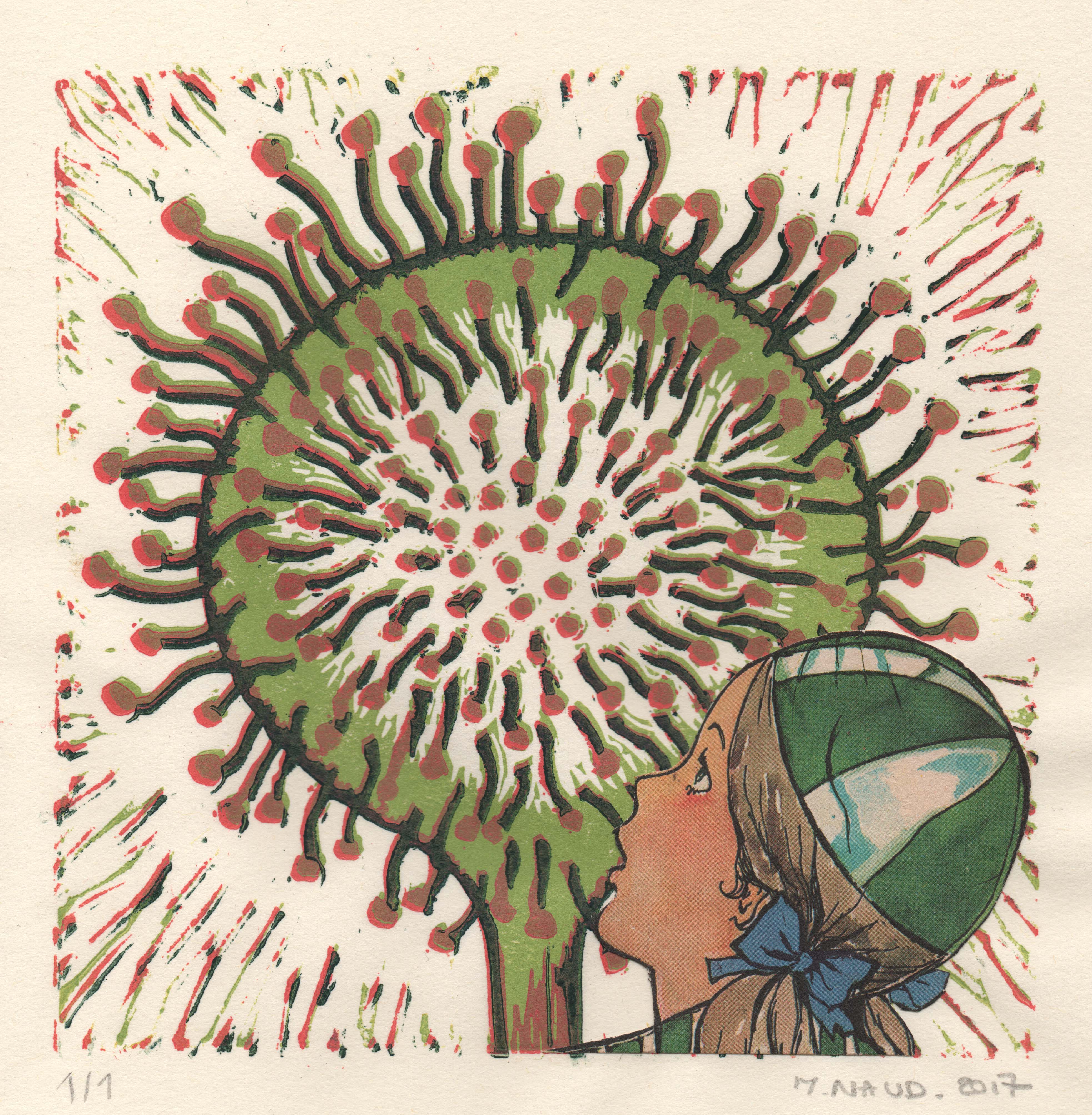 Marie Naud - Série "Carnivores" - Linogravures à plaque perdue et collage - 15 x 15 cm - 2017